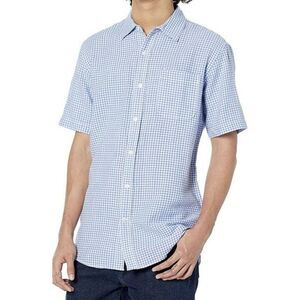 New Mens Linen Shirt Blue Plaid Small Short Sleeve Slim Casual Shirt